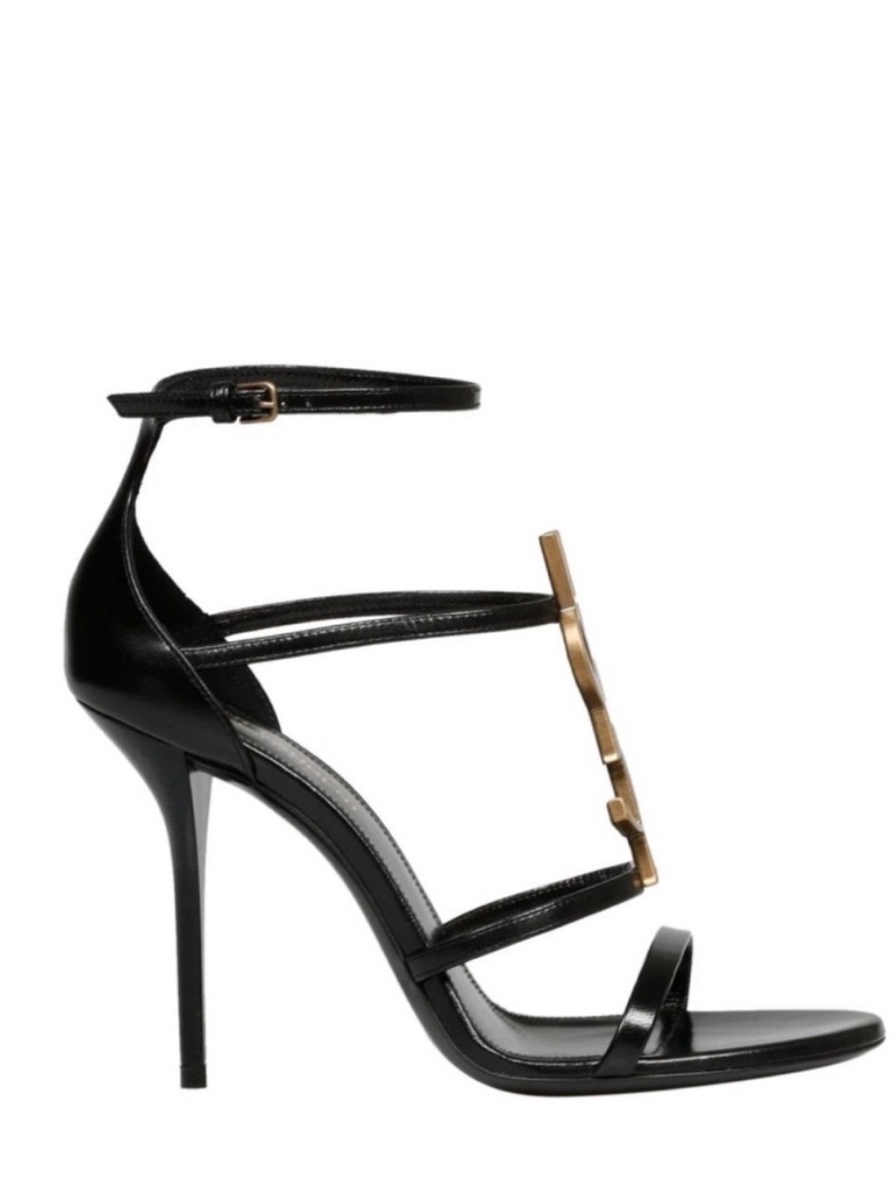 Saint Laurent Black Leather Stiletto Sandals with Gold YSL Logo - Picture 3 of 11